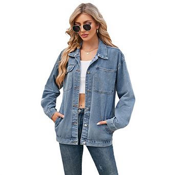 Women’s Oversized Button Up Frayed Hem Shacket Long Sleeve Pockets Denim Jean Jacket with Pocket