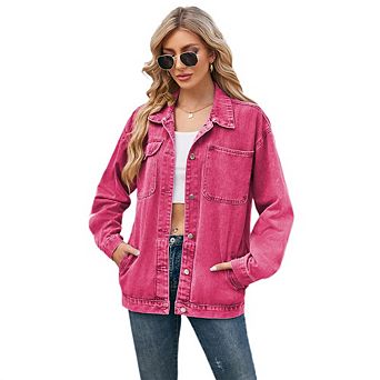 Women’s Oversized Button Up Frayed Hem Shacket Long Sleeve Pockets Denim Jean Jacket with Pocket
