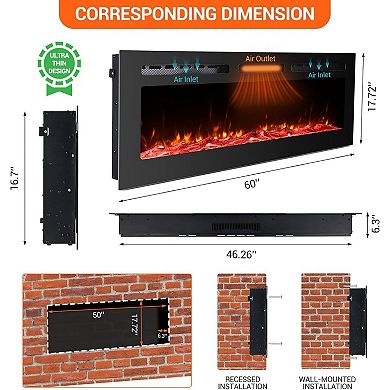 60" Electric Fireplace in-Wall Recessed&Wall Mounted with Remote Control 12 Realistic 3D Flame Color