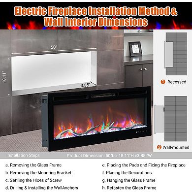 50" Smart Electric Fireplace,WiFi & Alexa Enabled, Remote Control, Wall Mount/Recessed Insert, Black