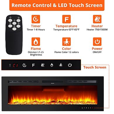 50" Electric Fireplace in-Wall Recessed&Wall Mounted with Remote Control,12 Realistic 3D Flame Color