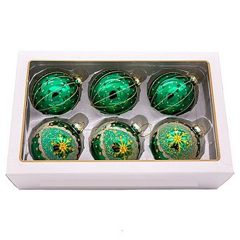 3.15" Gold, Green, and Bronze Glass Ball Ornaments, 6 pc Box Set