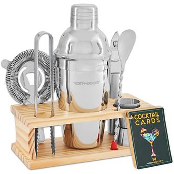 Modern Mixology Bartender Kit - 8 pc Cocktail Shaker Set with Wood Stand