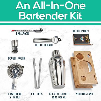 Modern Mixology Bartender Kit - 8-Piece Cocktail Shaker Set with Wood Stand