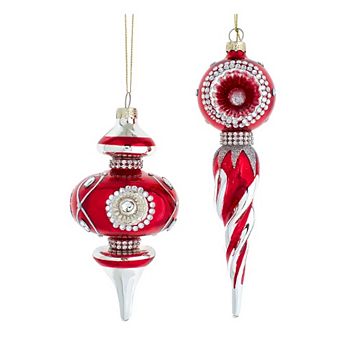 6.5-8.5" Glass Finial Ornaments, Set of 2 in Red & Silver