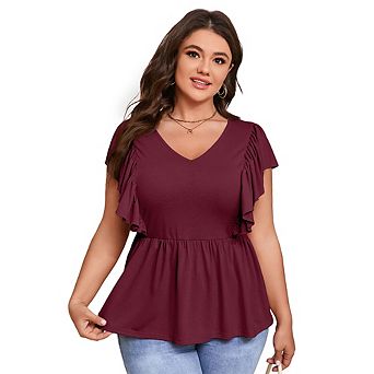 Plus Size Women's Ruffle Sleeve Embellished Top Casual