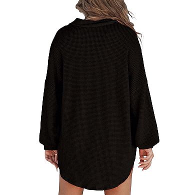 Women Waffle Knit Tops Henley Shirts Long Sleeve V Neck Solid Color Casual Tunic