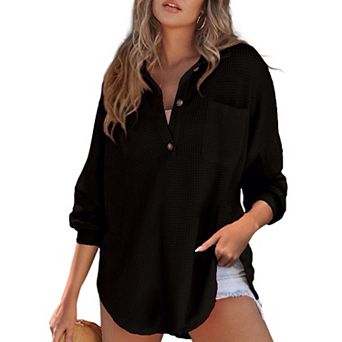 Women Waffle Knit Tops Henley Shirts Long Sleeve V Neck Solid Color Casual Tunic