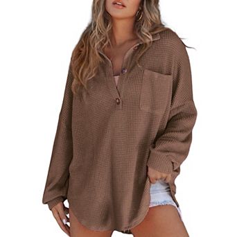 Women Waffle Knit Tops Henley Shirts Long Sleeve V Neck Solid Color Casual Tunic