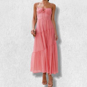 Women's Sling Back Smocked Maxi Dress with Tie Waist and Flowy Skirt, Boho Elegant Summer Dress