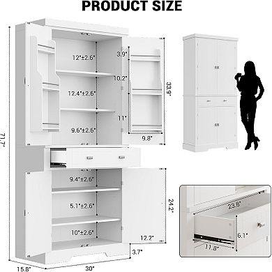 72" Kitchen Pantry Cabinet,Freestanding Storage Cabinet with 6 Door Shelves, 2 Cabinets and 1 Drawer
