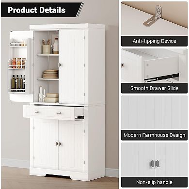 72" Kitchen Pantry Cabinet,Freestanding Storage Cabinet with 6 Door Shelves, 2 Cabinets and 1 Drawer