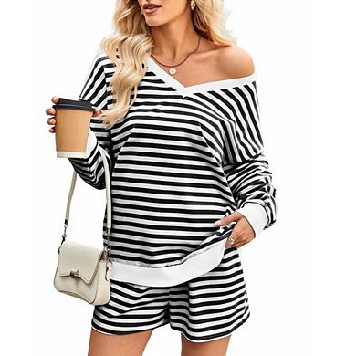 Women's Stripes Pullover Top and Shorts Set