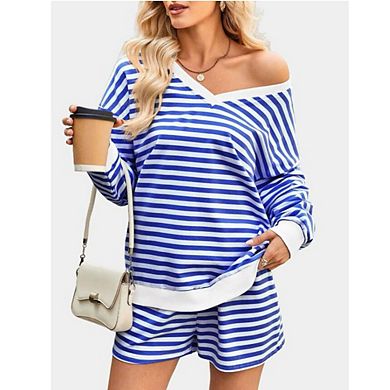 Women's Stripes Pullover Top and Shorts Set
