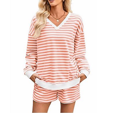 Women's Stripes Pullover Top and Shorts Set
