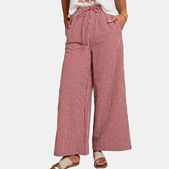 Women's Plaid Pant Lounge Pants Wide Leg Mid Rise Elastic Waist Checkered Long Trousers with Pockets