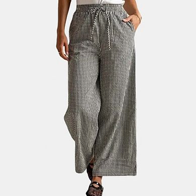Women's Plaid Pant Lounge Pants Wide Leg Mid Rise Elastic Waist Checkered Long Trousers with Pockets