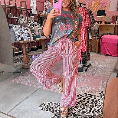 Women's Plaid Pant Lounge Pants Wide Leg Mid Rise Elastic Waist Checkered Long Trousers with Pockets