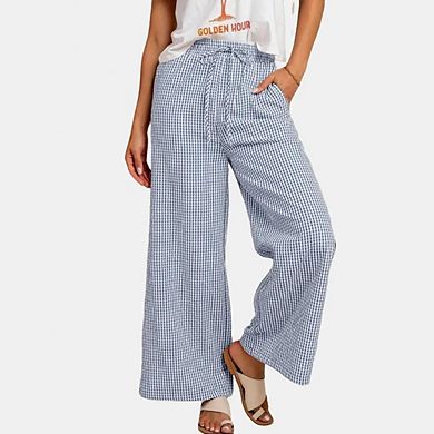 Women's Plaid Pant Lounge Pants Wide Leg Mid Rise Elastic Waist Checkered Long Trousers with Pockets
