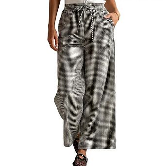 Women's Plaid Pant Lounge Pants Wide Leg Mid Rise Elastic Waist Checkered Long Trousers with Pockets