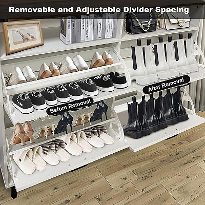 Freestanding Hidden Shoe Storage with 4 Flip Drawers and Barn Door Design,  Slim Shoe Rack Dresser