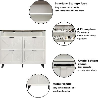 Freestanding Hidden Shoe Storage with 4 Flip Drawers and Barn Door Design, Slim Shoe Rack Dresser