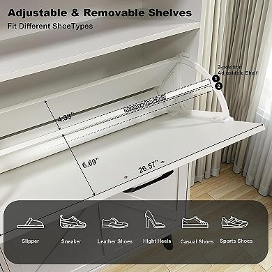Freestanding Hidden Shoe Storage with 4 Flip Drawers and Barn Door Design, Slim Shoe Rack Dresser