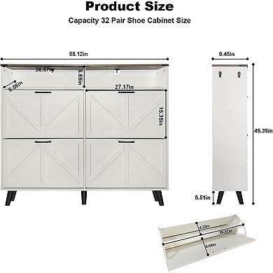Freestanding Hidden Shoe Storage with 4 Flip Drawers and Barn Door Design, Slim Shoe Rack Dresser