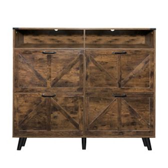 Freestanding Hidden Shoe Storage with 4 Flip Drawers and Barn Door Design, Slim Shoe Rack Dresser