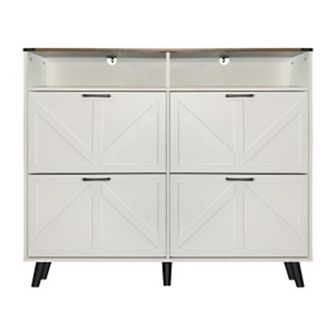 Freestanding Hidden Shoe Storage with 4 Flip Drawers and Barn Door Design, Slim Shoe Rack Dresser