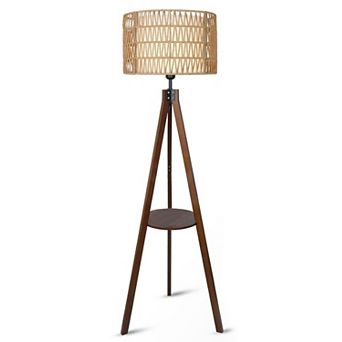59'' Tall Boho Tripod Floor Lamp with Shelves, Mid-Century Modern Wood Standing Lamp with Rattan