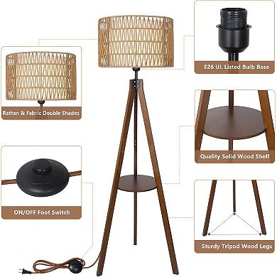 59'' Tall Boho Tripod Floor Lamp with Shelves, Mid-Century Modern Wood Standing Lamp with Rattan