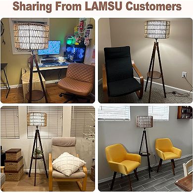 59'' Tall Boho Tripod Floor Lamp with Shelves, Mid-Century Modern Wood Standing Lamp with Rattan