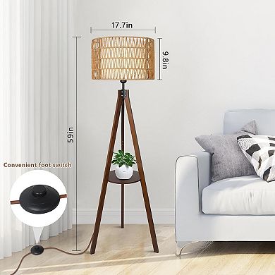 59'' Tall Boho Tripod Floor Lamp with Shelves, Mid-Century Modern Wood Standing Lamp with Rattan