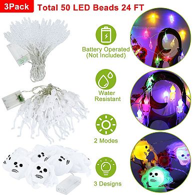 3PCS Halloween String Lights Set, 50 LEDs 24FT Skeleton, Ghost & Skull Spooky Decorations