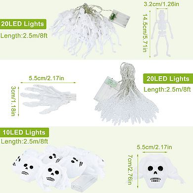 3PCS Halloween String Lights Set, 50 LEDs 24FT Skeleton, Ghost & Skull Spooky Decorations