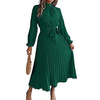 Women Pleated Dress Long Sleeve Stand Up Collar A-Line Flowing Dress With Belt
