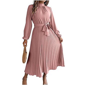 Women Pleated Dress Long Sleeve Stand Up Collar A-Line Flowing Dress With Belt