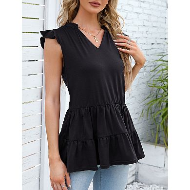 Women's Casual Sleeveless V-neck Peplum Tiered Ruffled Hem Babydoll Tank Tops