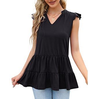 Women's Casual Sleeveless V-neck Peplum Tiered Ruffled Hem Babydoll Tank Tops