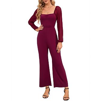 Women's Square Neck/Off-The-Shoulder Lantern Sleeve Jumpsuit High Waist Wide Leg Pant Romper Outfits