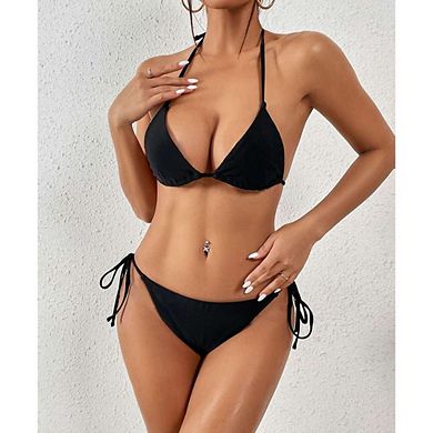 Women's Bikini With Skirt 3 Piece Swimsuit V Neck Halter Triangle Tie Side Swim Skirt Bathing Suit