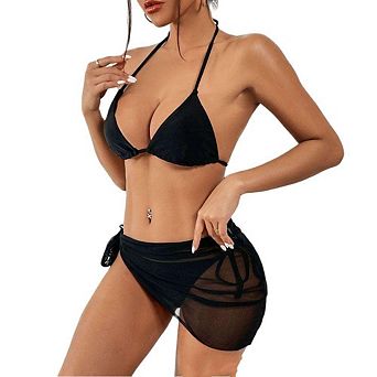 Women's Bikini With Skirt 3 pc Swimsuit V Neck Halter Triangle Tie Side Swim Skirt Bathing Suit