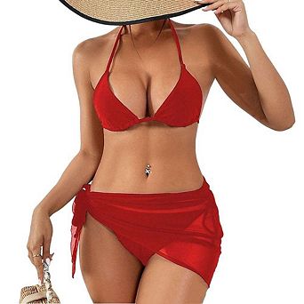 Women's Bikini With Skirt 3 pc Swimsuit V Neck Halter Triangle Tie Side Swim Skirt Bathing Suit