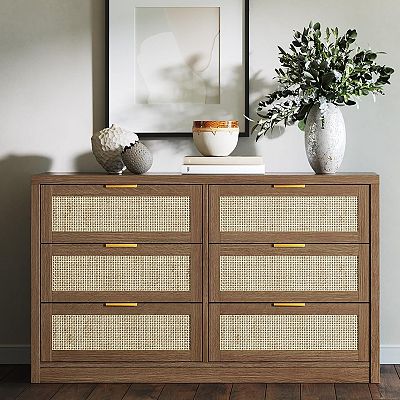 boho dresser for bedroom SICOTAS 60.8" Bedroom, Rattan Dresser with 4 Deep Drawers Meet the Beacon 3 53" Rattan Dresser for Bedroom,