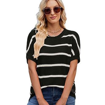 Women's striped round neck pullover fashionable contrasting color shoulder short sleeved sweater