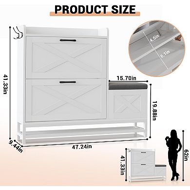 Shoe Cabinet with 2 Flip-Drawers & Storage Bench, Freestanding Shoe Rack with 2 Hooks & Bottom Shelf