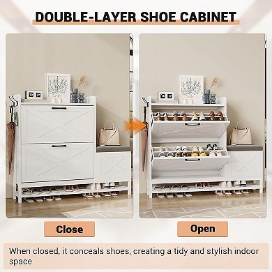 Shoe Cabinet with 2 Flip-Drawers & Storage Bench, Freestanding Shoe Rack with 2 Hooks & Bottom Shelf