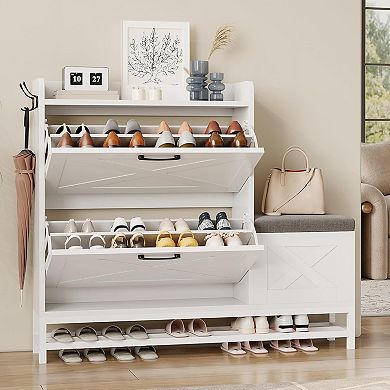 Shoe Cabinet with 2 Flip-Drawers & Storage Bench, Freestanding Shoe Rack with 2 Hooks & Bottom Shelf