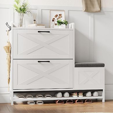 Shoe Cabinet with 2 Flip-Drawers & Storage Bench, Freestanding Shoe Rack with 2 Hooks & Bottom Shelf